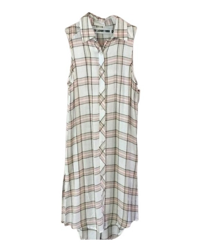 Nwot The Laundry Room Button Down Sleeveless Shirt Dress Plaid Cream & Red Small